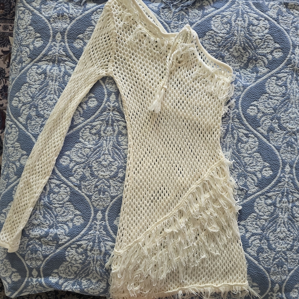 Tularosa Cream Open-Knit Fringe One-Shoulder Dress
